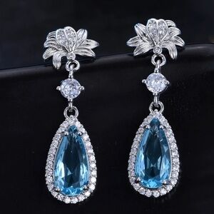 🪷Pear Cut Blue Topaz &Cz Diamond Silver Lotus Flower post back Drop Earrings